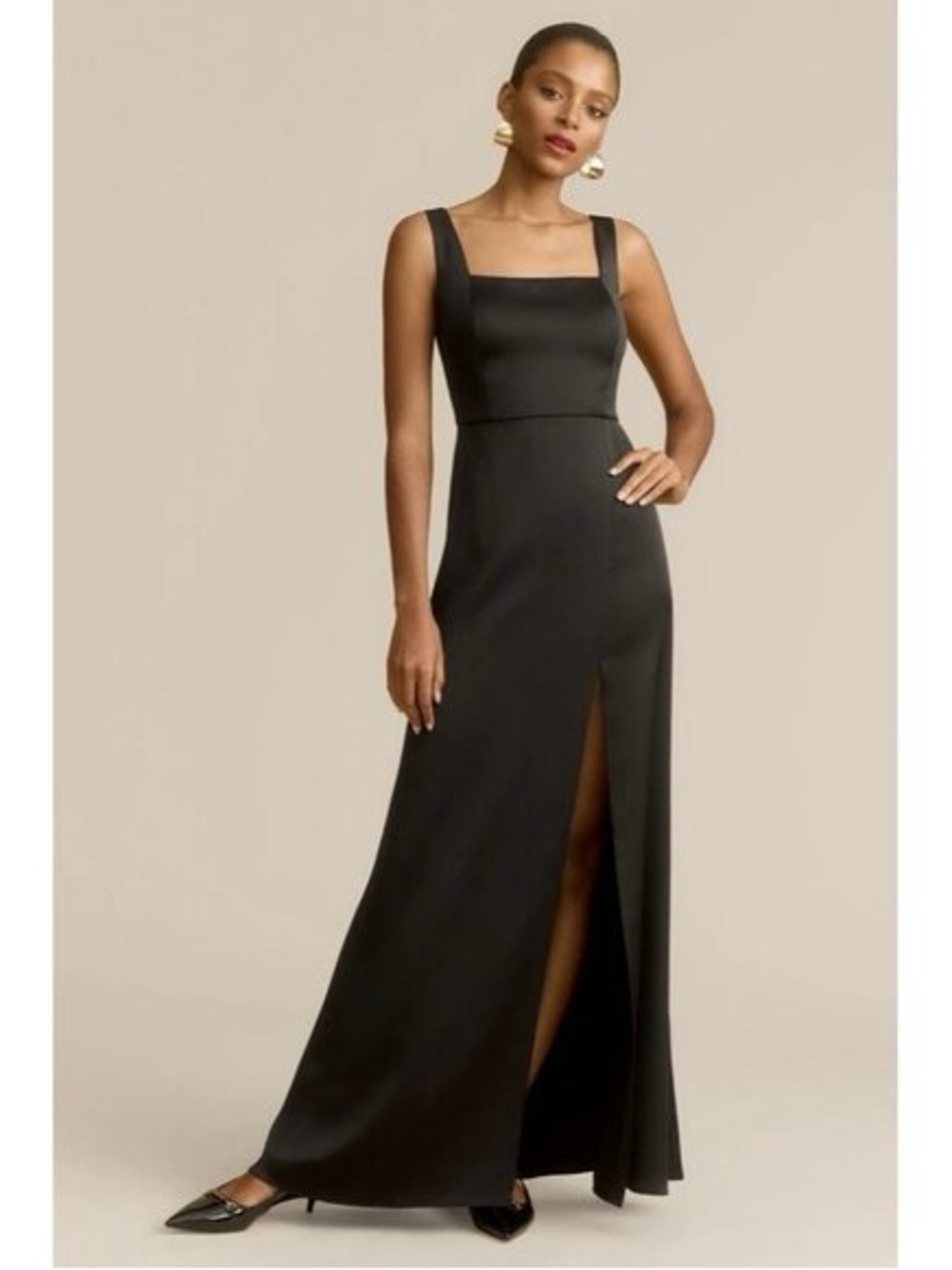 BHLDN Black Silk Square-Neck Maxi Gown with Thigh Slit